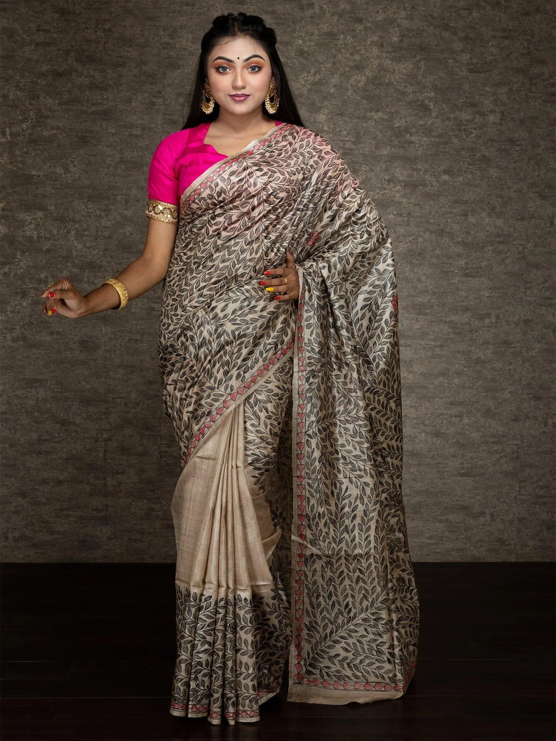 Elegant Hand Painted Madhubani Tussar Silk Saree - WeaversIndia