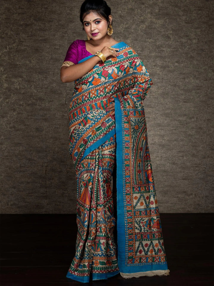 Elegant Hand Painted Madhubani Tussar Silk Saree - WeaversIndia