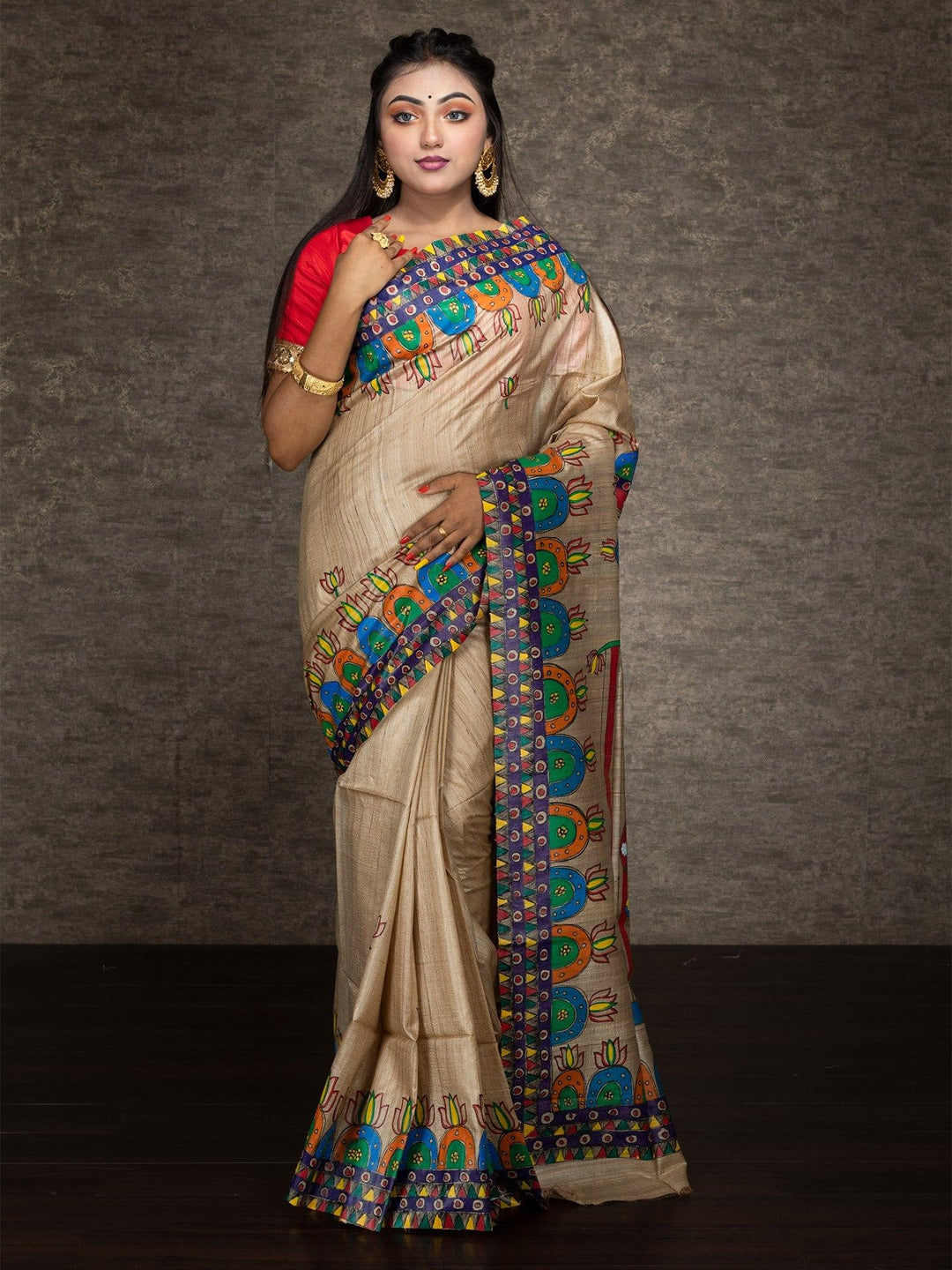 Elegant Hand Painted Madhubani Tussar Silk Saree - WeaversIndia