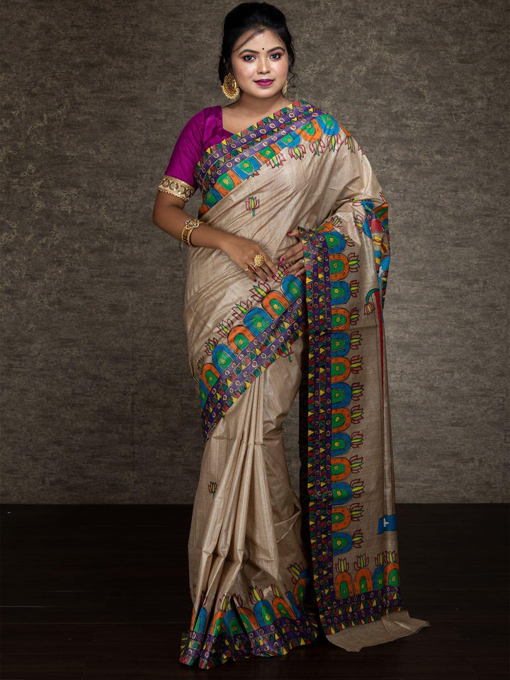 Elegant Hand Painted Madhubani Tussar Silk Saree - WeaversIndia