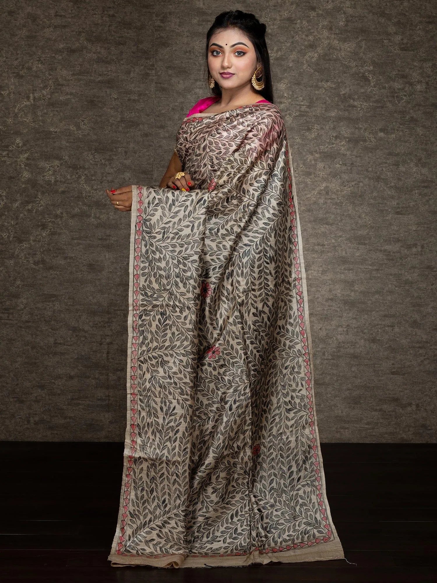Elegant Hand Painted Madhubani Tussar Silk Saree - WeaversIndia