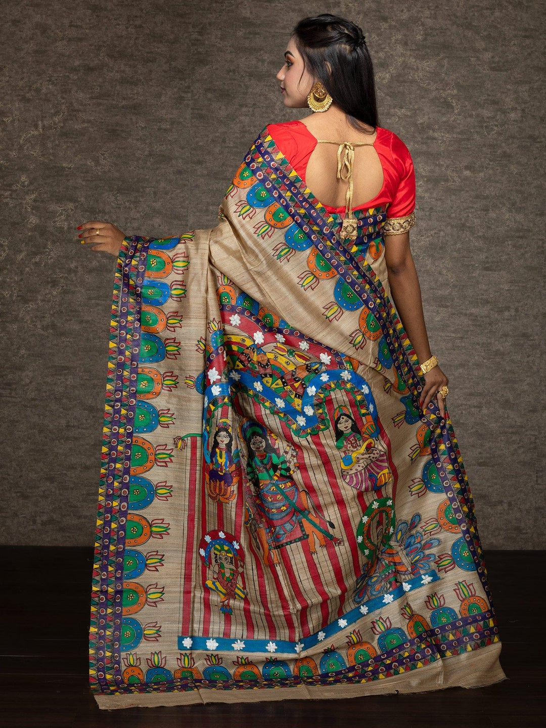 Elegant Hand Painted Madhubani Tussar Silk Saree - WeaversIndia