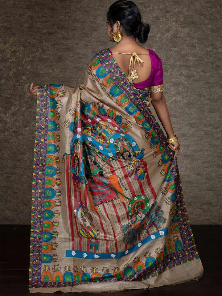 Elegant Hand Painted Madhubani Tussar Silk Saree - WeaversIndia