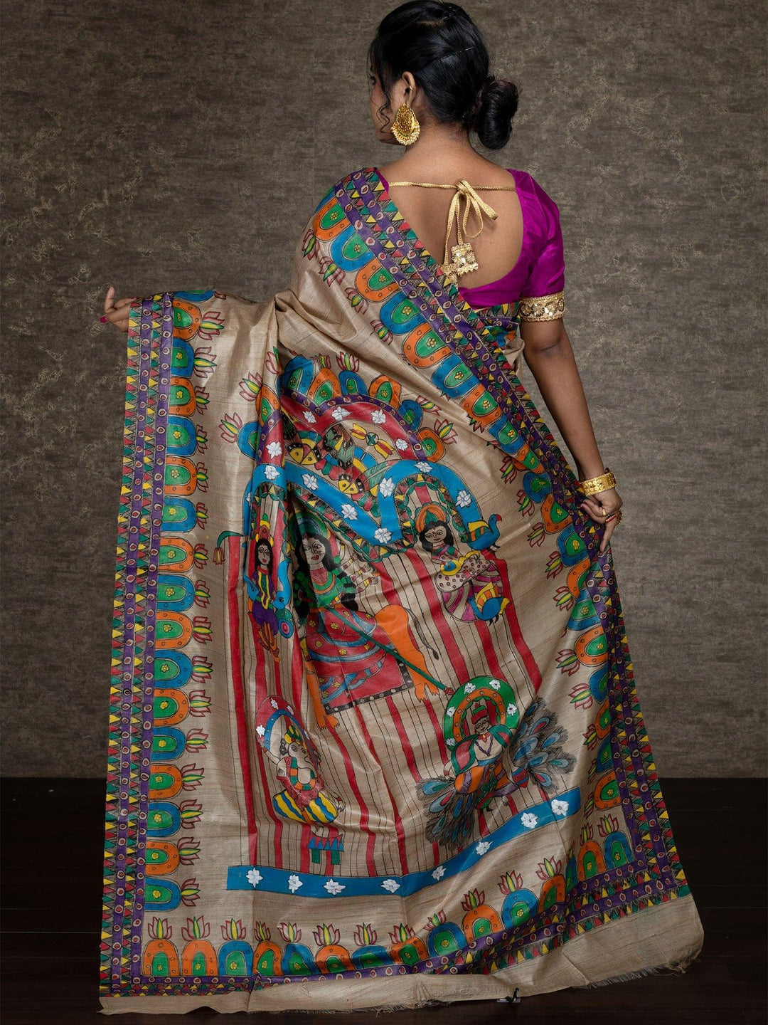 Elegant Hand Painted Madhubani Tussar Silk Saree - WeaversIndia