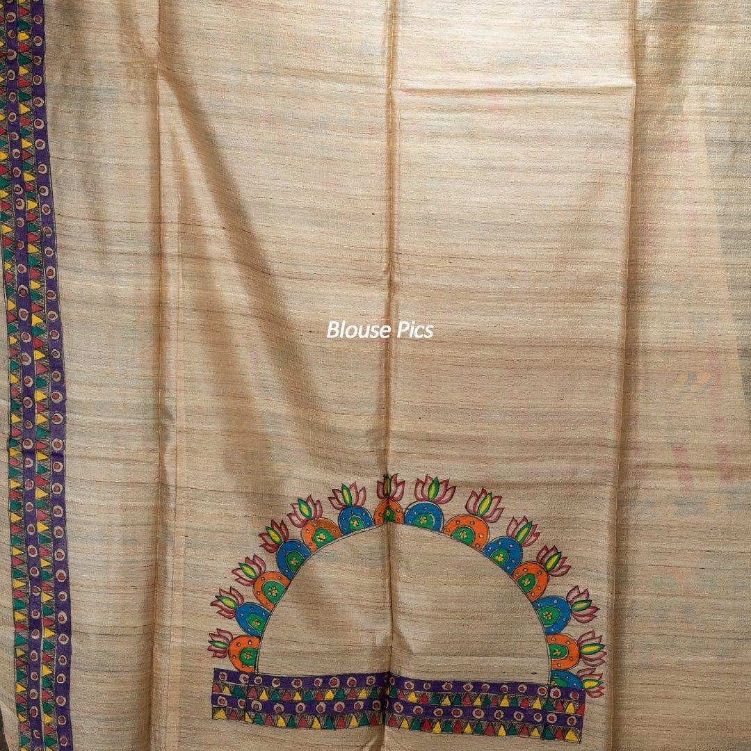 Elegant Hand Painted Madhubani Tussar Silk Saree - WeaversIndia