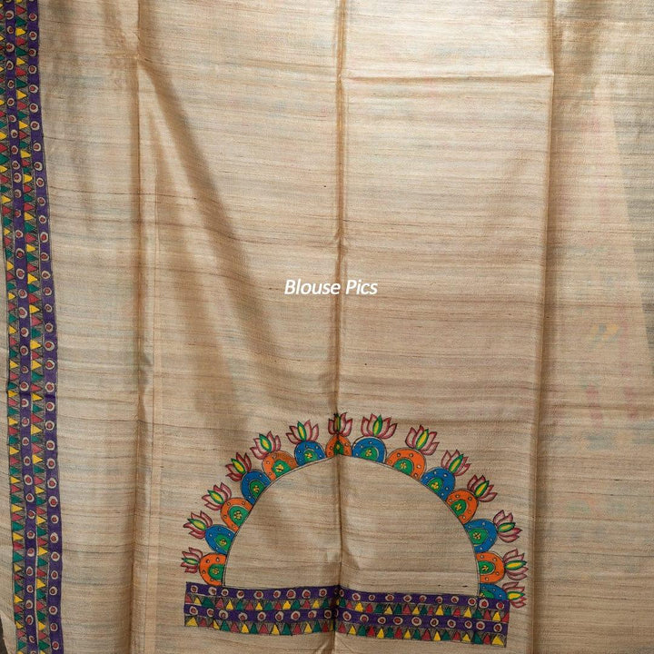 Elegant Hand Painted Madhubani Tussar Silk Saree - WeaversIndia
