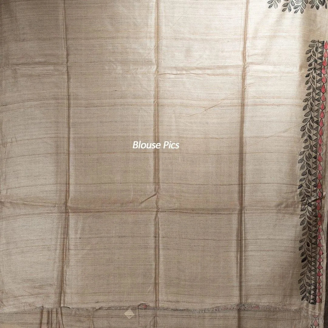 Elegant Hand Painted Madhubani Tussar Silk Saree - WeaversIndia