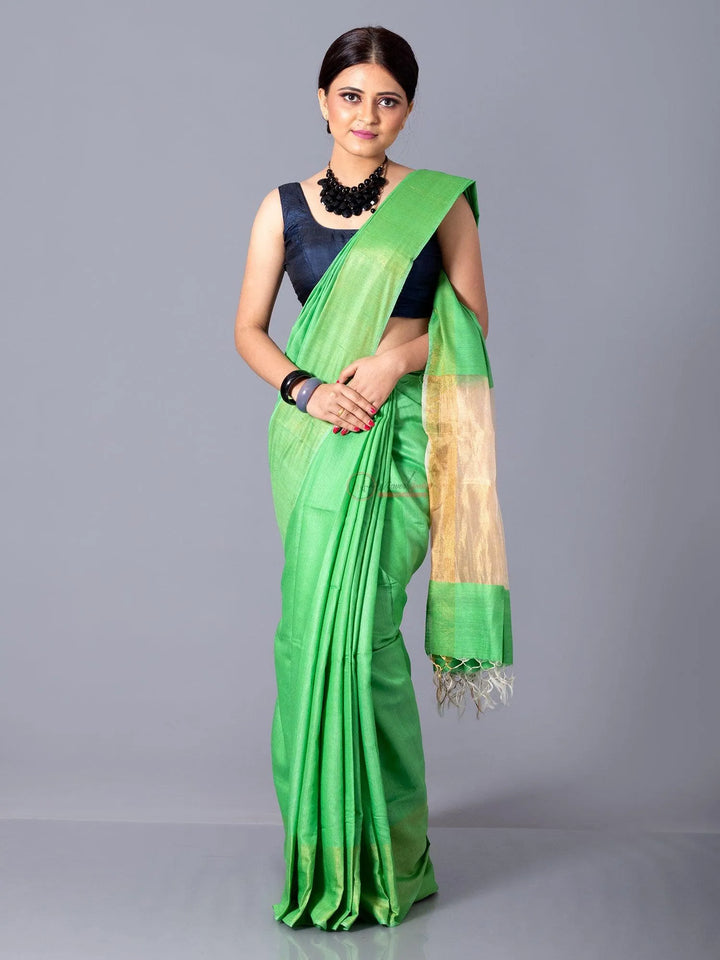 Elegant Lemon Green Par Anchal Tussar Silk Saree - WeaversIndia