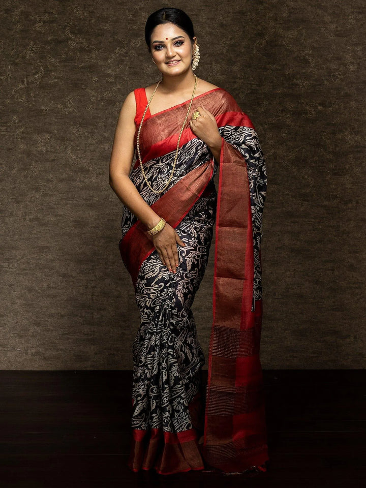 Elegant Multi Color Allover Block Printed Tussar Silk Saree - WeaversIndia