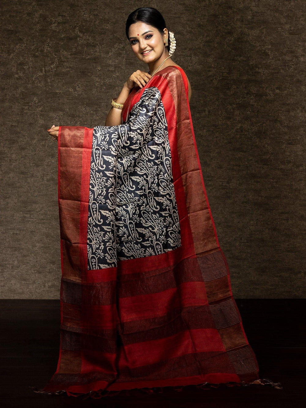 Elegant Multi Color Allover Block Printed Tussar Silk Saree - WeaversIndia