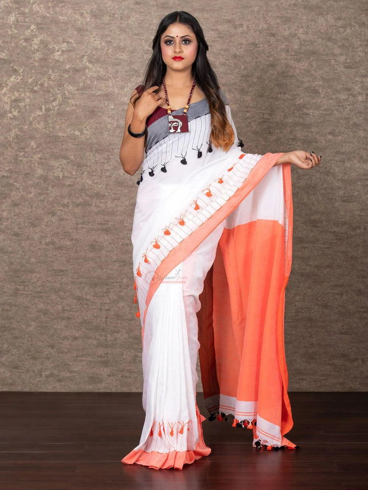 Elegant Multi Color Half Half Pom Pom Cotton Saree - WeaversIndia