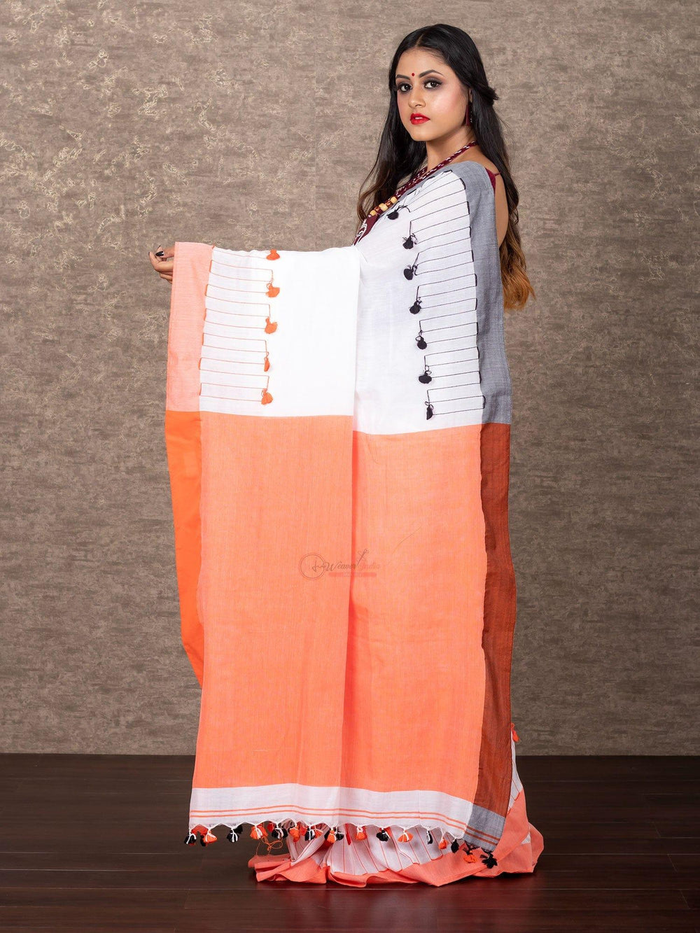 Elegant Multi Color Half Half Pom Pom Cotton Saree - WeaversIndia