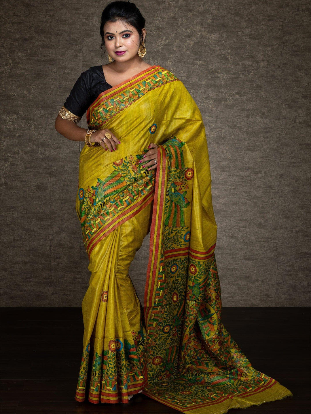 Elegant Mustard Yellow Hand Painted Madhubani Tussar Silk Saree - WeaversIndia