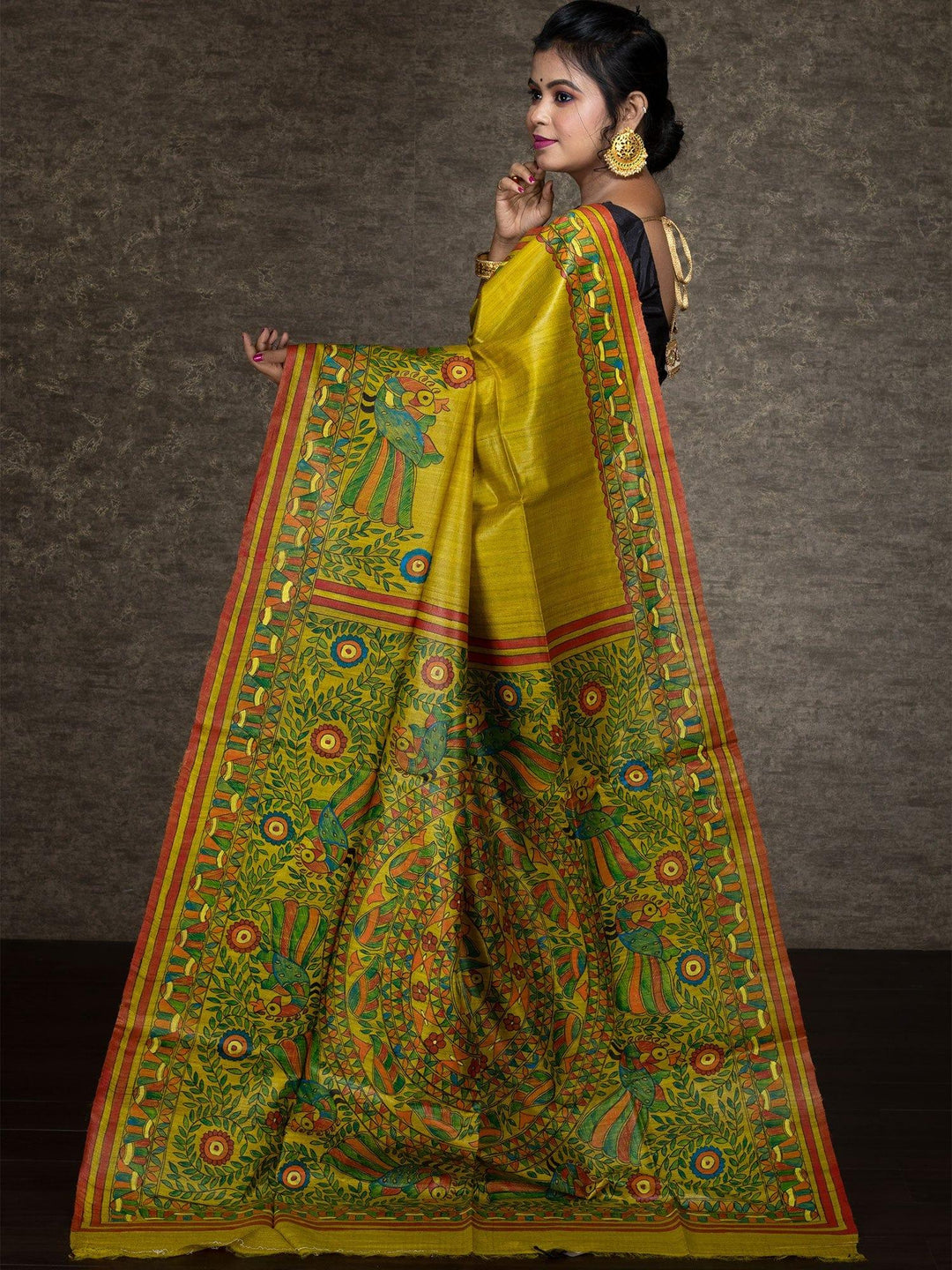 Elegant Mustard Yellow Hand Painted Madhubani Tussar Silk Saree - WeaversIndia