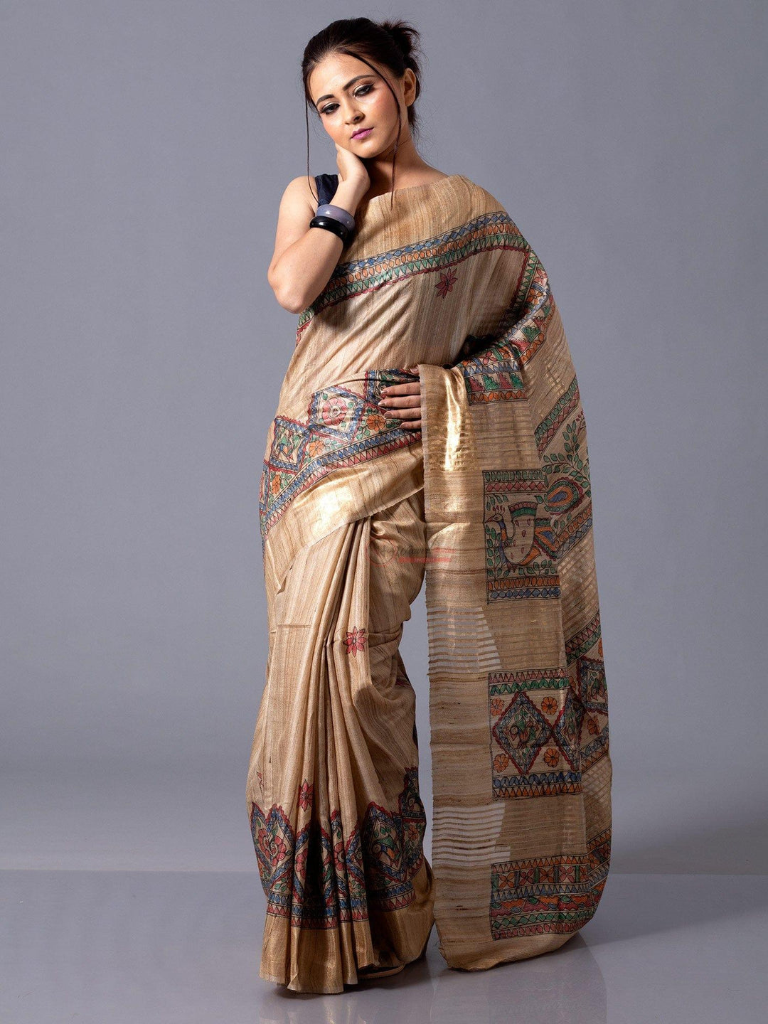 Elegant Natural Colour Zari Border Hand Painted Madhubani Ghicha Silk Saree - WeaversIndia