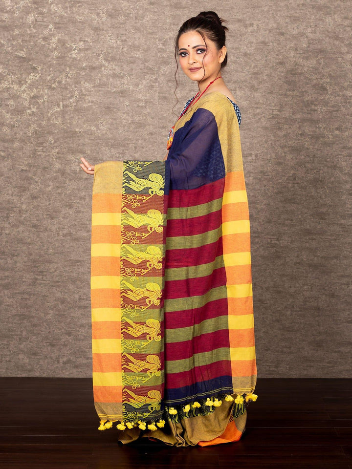 Elegant Nevy Blue Par Anchal Runner Cotton Saree - WeaversIndia