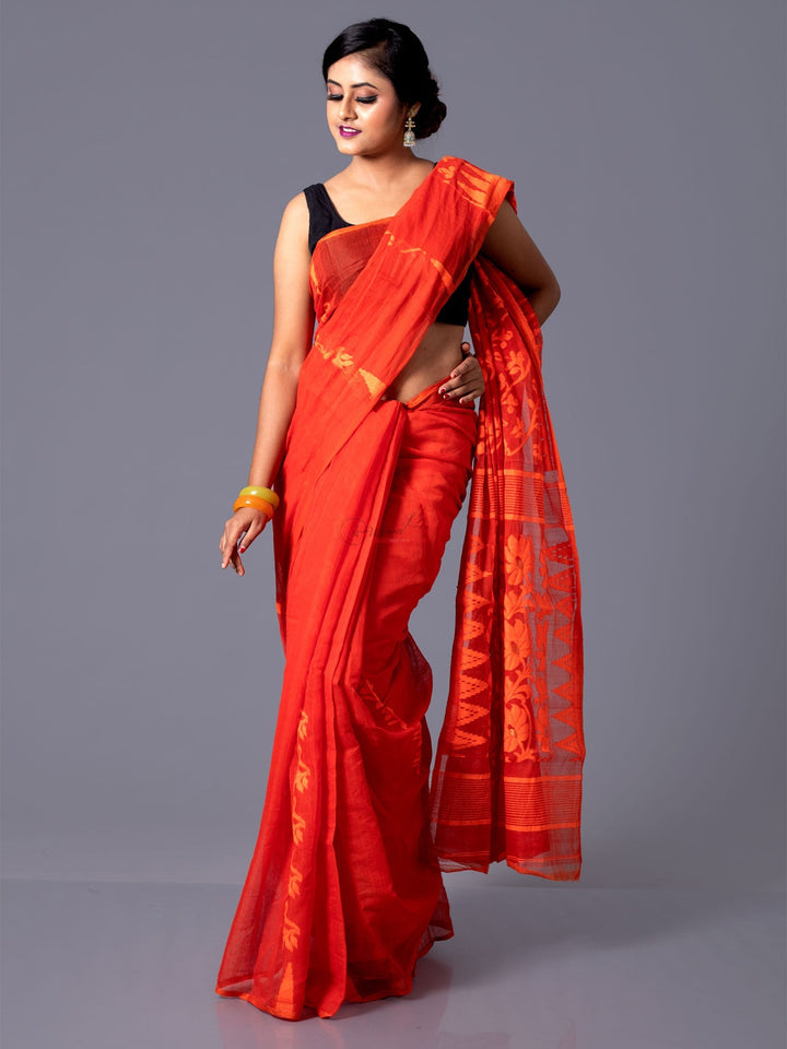 Elegant Orange Allover Dhakai Jamdani Saree - WeaversIndia