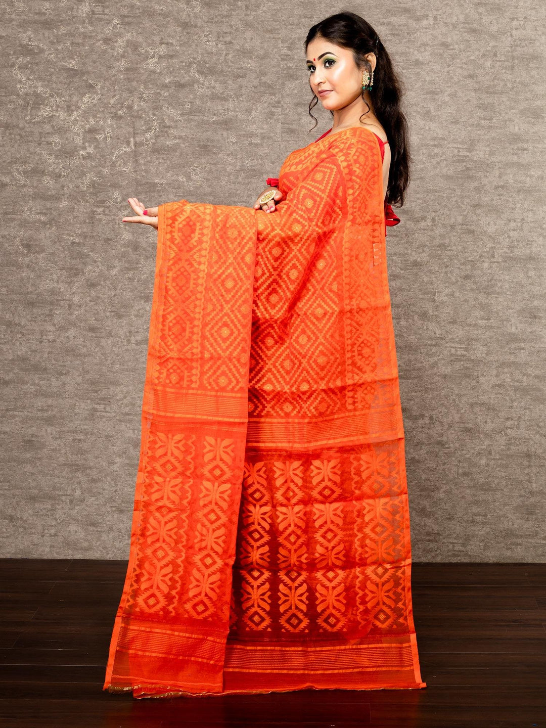 Elegant Orange Black Half Half Dhakai Jamdani Saree - WeaversIndia