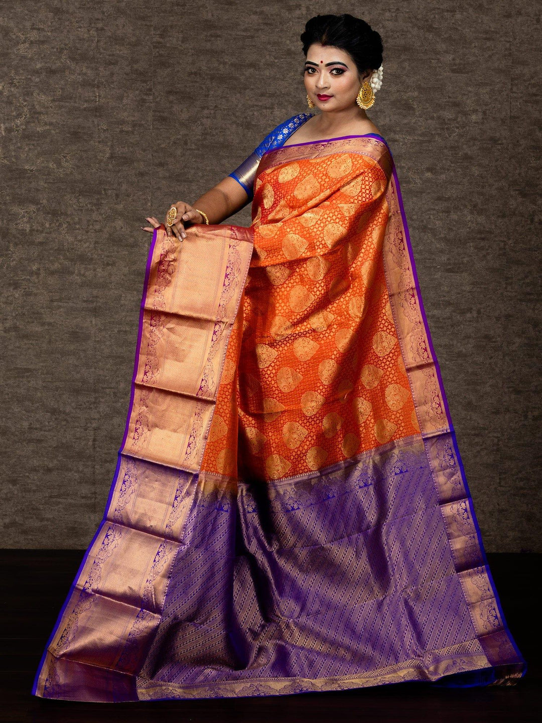 Elegant Orange Bridal Kanchipuram Silk Saree - WeaversIndia