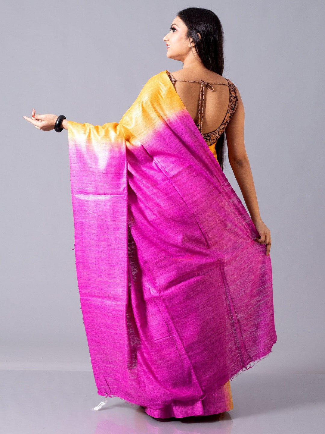 Elegant Orange With Pink Body Anchal Ghicha Silk Saree - WeaversIndia