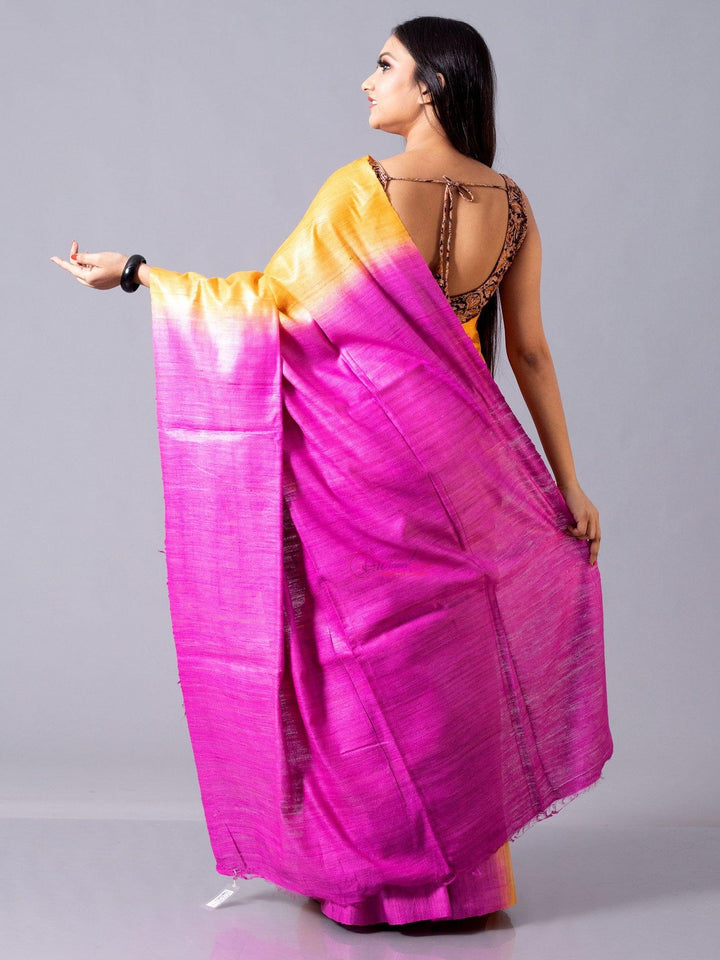 Elegant Orange With Pink Body Anchal Ghicha Silk Saree - WeaversIndia