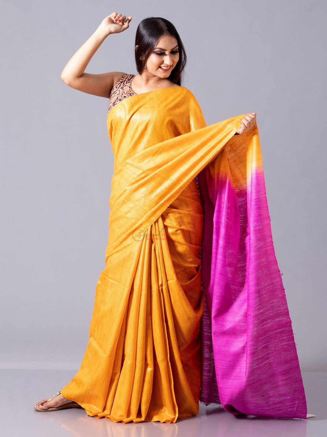 Elegant Orange With Pink Body Anchal Ghicha Silk Saree - WeaversIndia