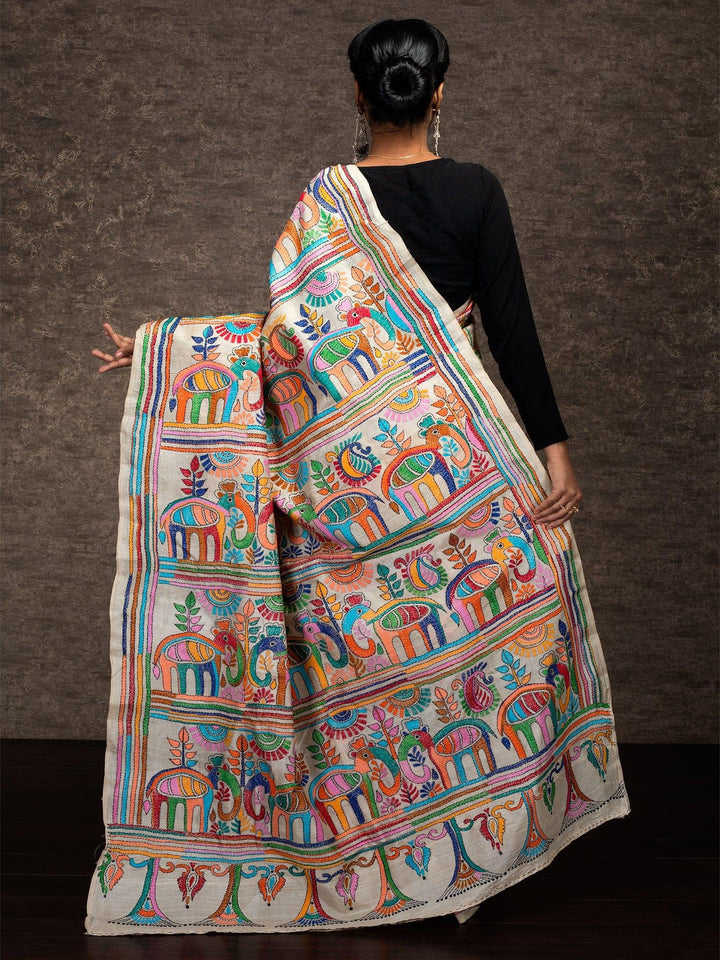 Elegant Par Anchal Buti Kantha Stitch Tussar Silk Saree - WeaversIndia