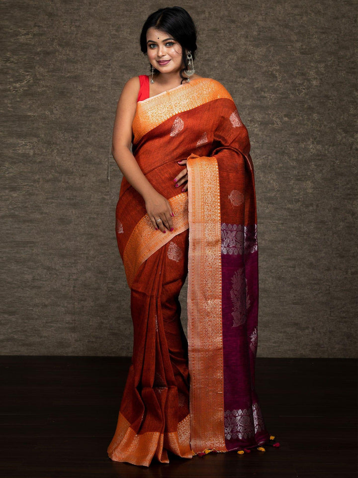 Elegant Par Anchal Buti Linen Silk Saree - WeaversIndia