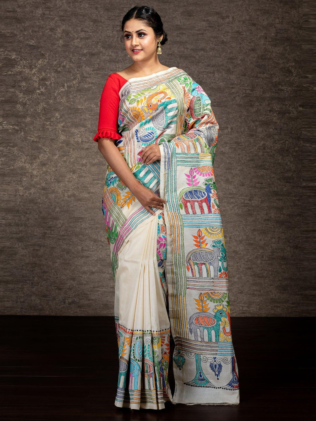 Elegant Par Anchal Kantha Stitch Tussar Silk Saree - WeaversIndia