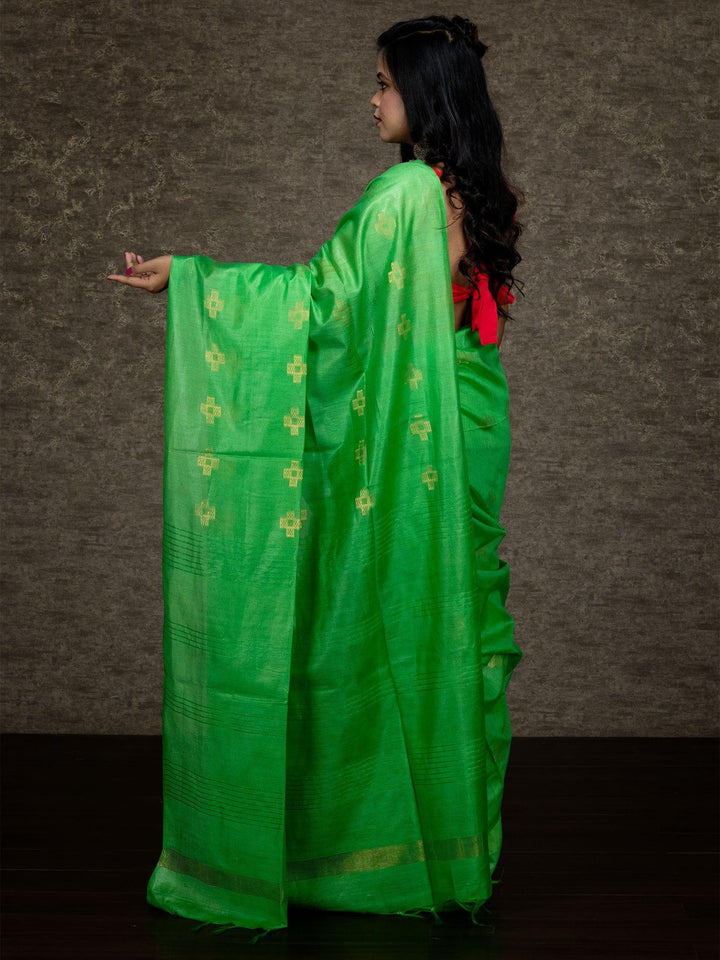 Elegant Parrot Green Bhagalpuri Silk Saree - WeaversIndia
