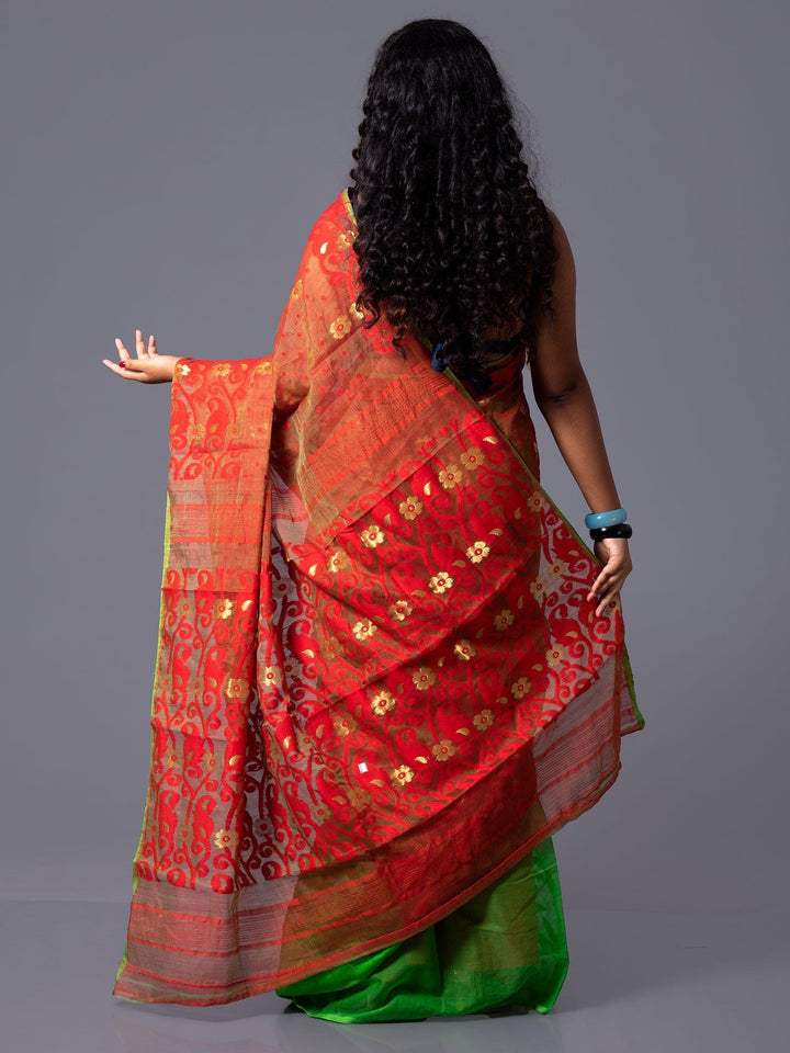 Elegant Pastel Green With Red Half Half Soft Dhakai Jamdani Saree - WeaversIndia