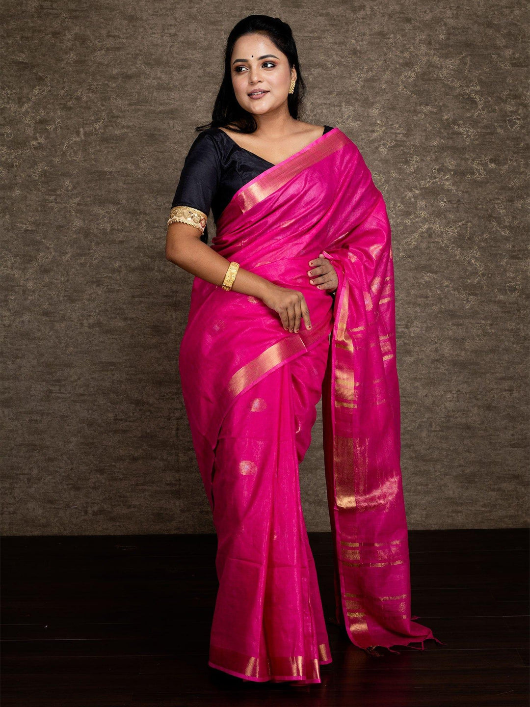 Elegant Pink Par Anchal Buti Bhagalpuri Silk Saree - WeaversIndia