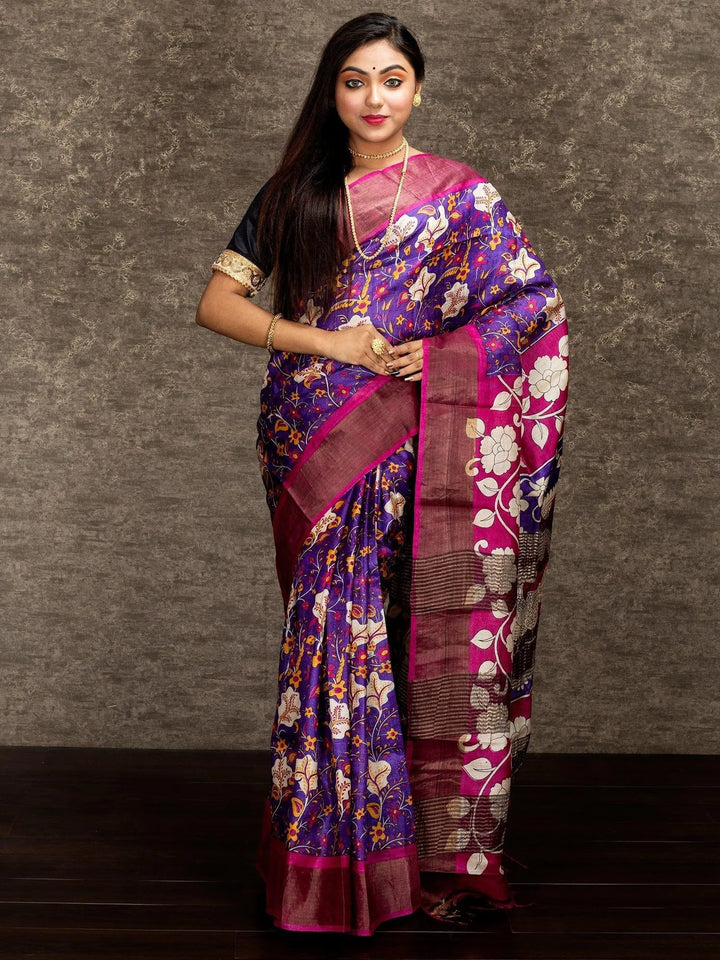 Elegant Purpel Allover Block Printed Tussar Silk Saree - WeaversIndia
