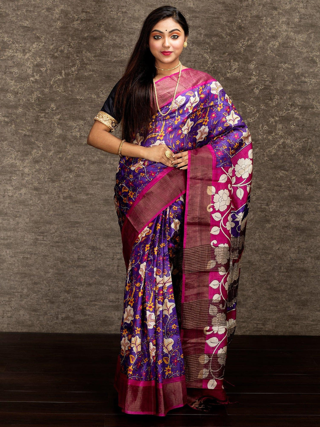 Elegant Purpel Allover Block Printed Tussar Silk Saree - WeaversIndia