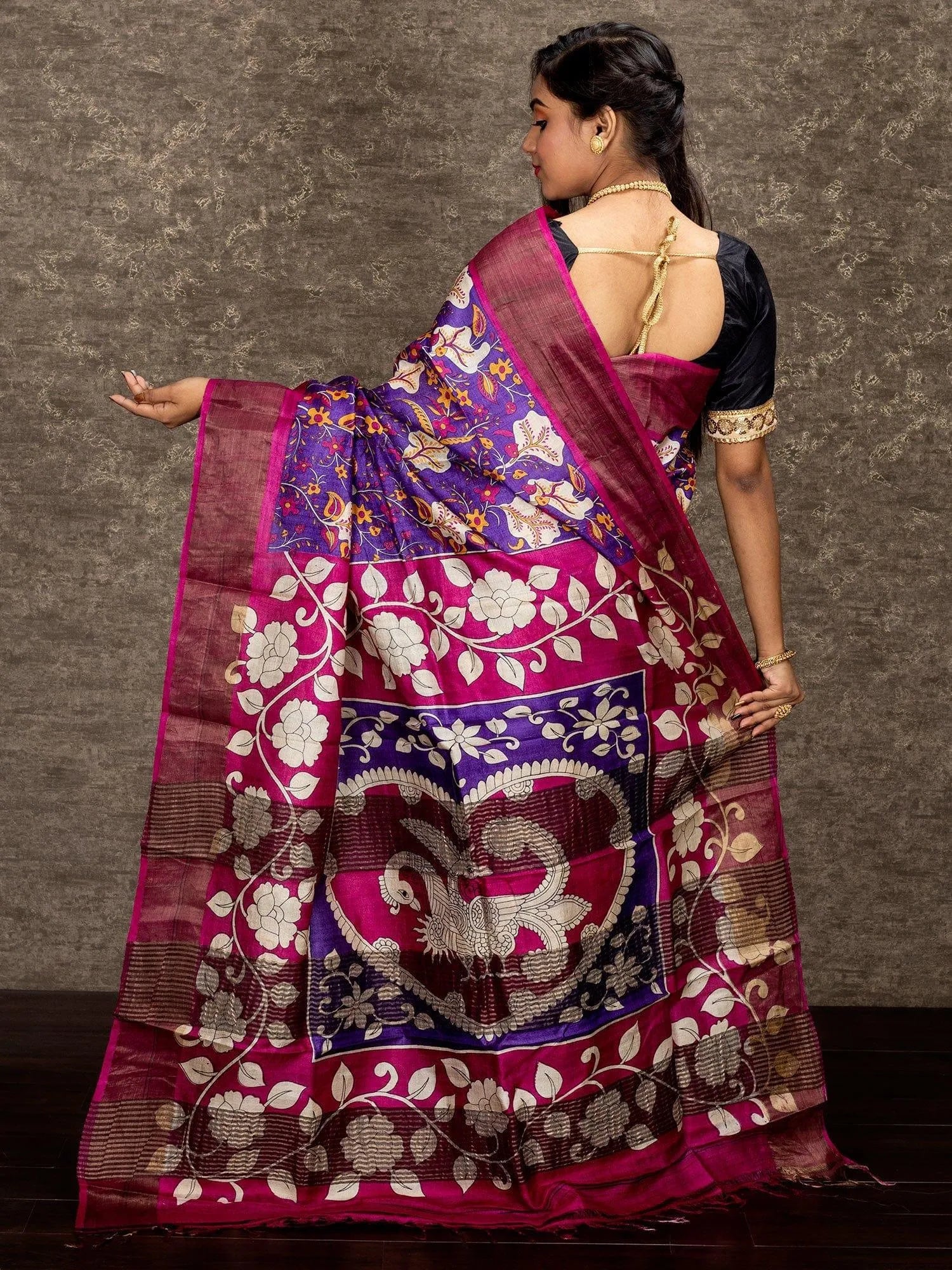 Elegant Purpel Allover Block Printed Tussar Silk Saree - WeaversIndia