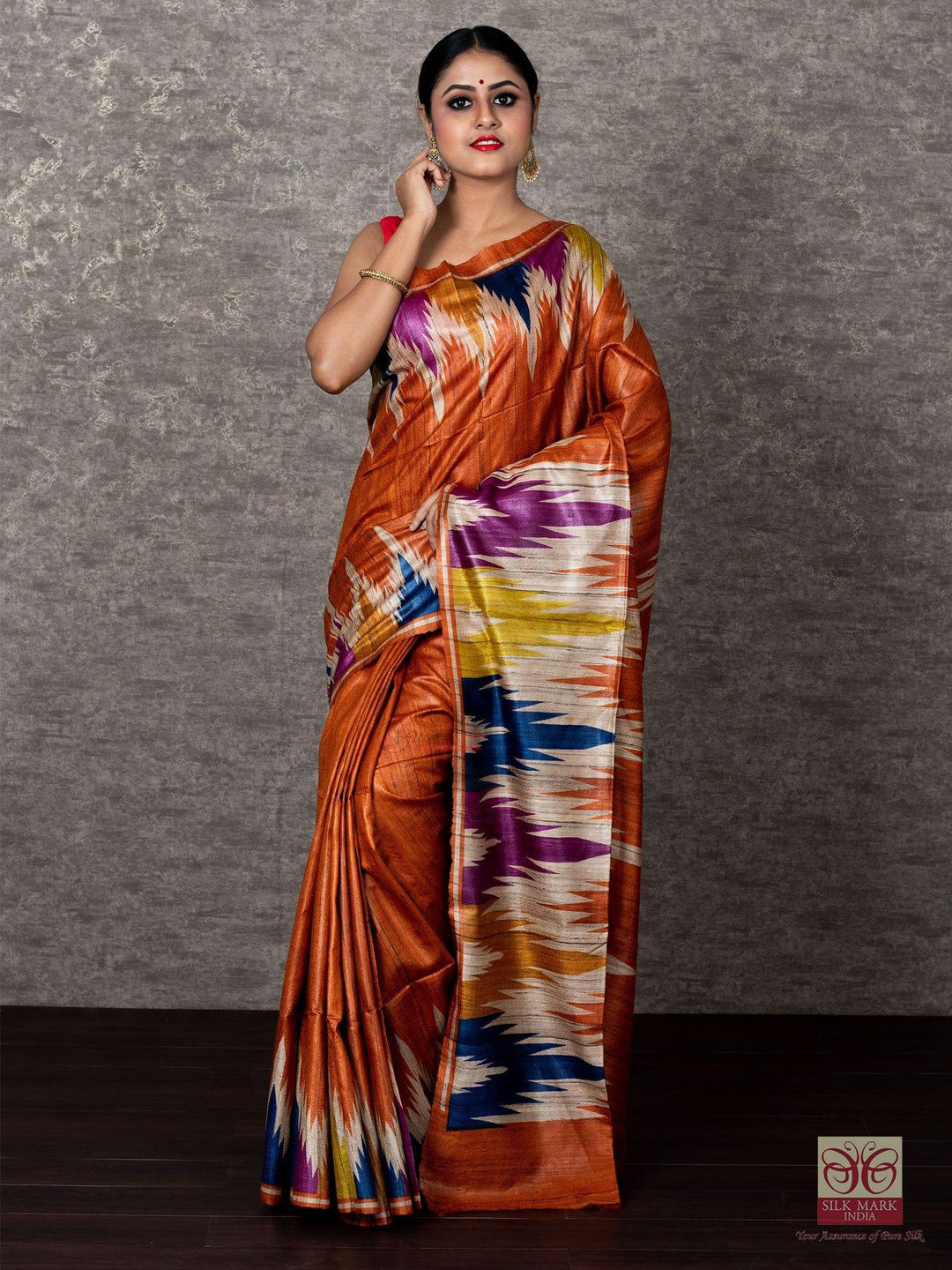 Elegant Rast Par Anchal Temple Block Printed Ghicha Silk Saree - WeaversIndia