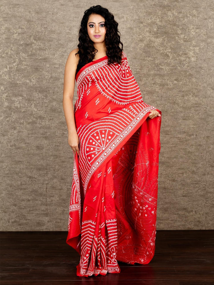 Elegant Red Gujrati Kantha Stitch Bangalore Silk Saree - WeaversIndia