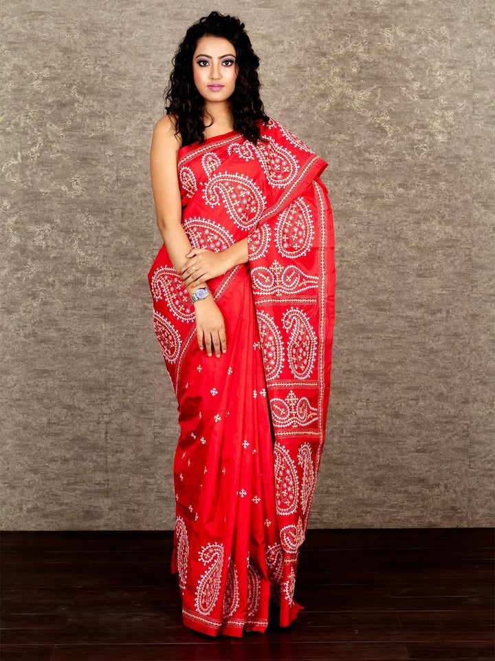 Elegant Red Gujrati Kantha Stitch Bangalore Silk Saree - WeaversIndia