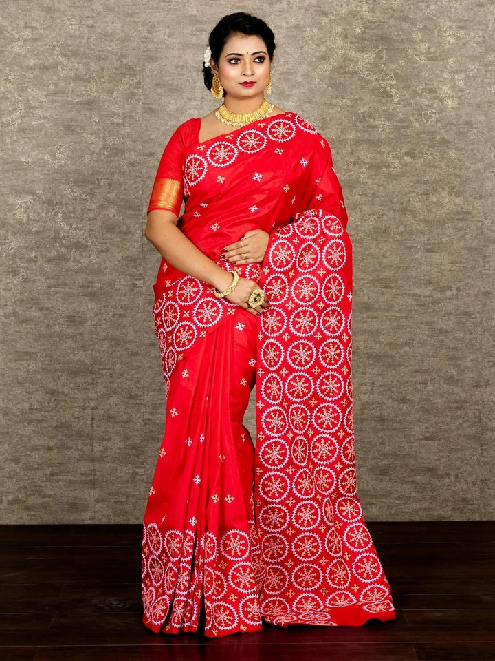 Elegant Red Gujrati Kantha Stitch Bangalore Silk Saree - WeaversIndia