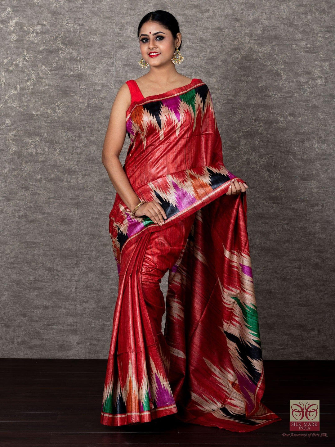 Elegant Red Par Anchal Temple Block Printed Ghicha Silk Saree - WeaversIndia