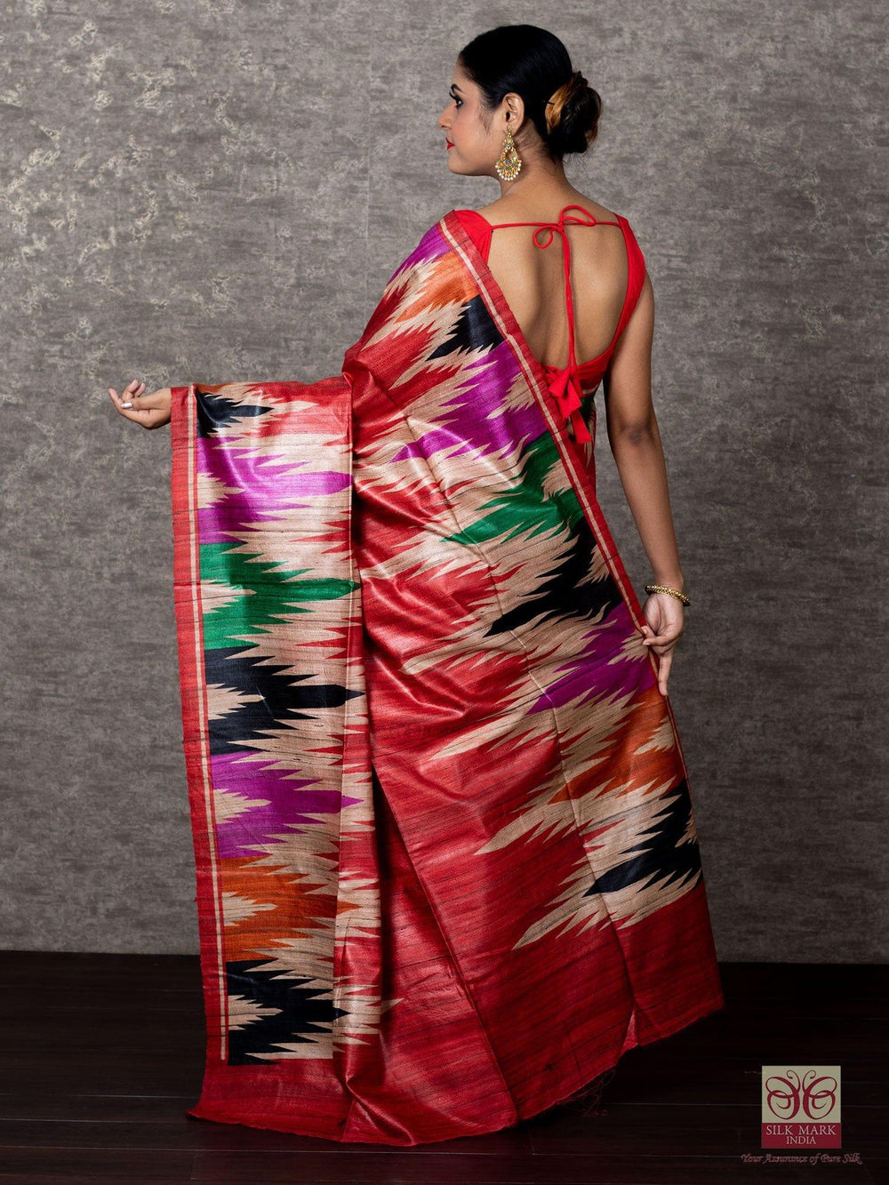 Elegant Red Par Anchal Temple Block Printed Ghicha Silk Saree - WeaversIndia