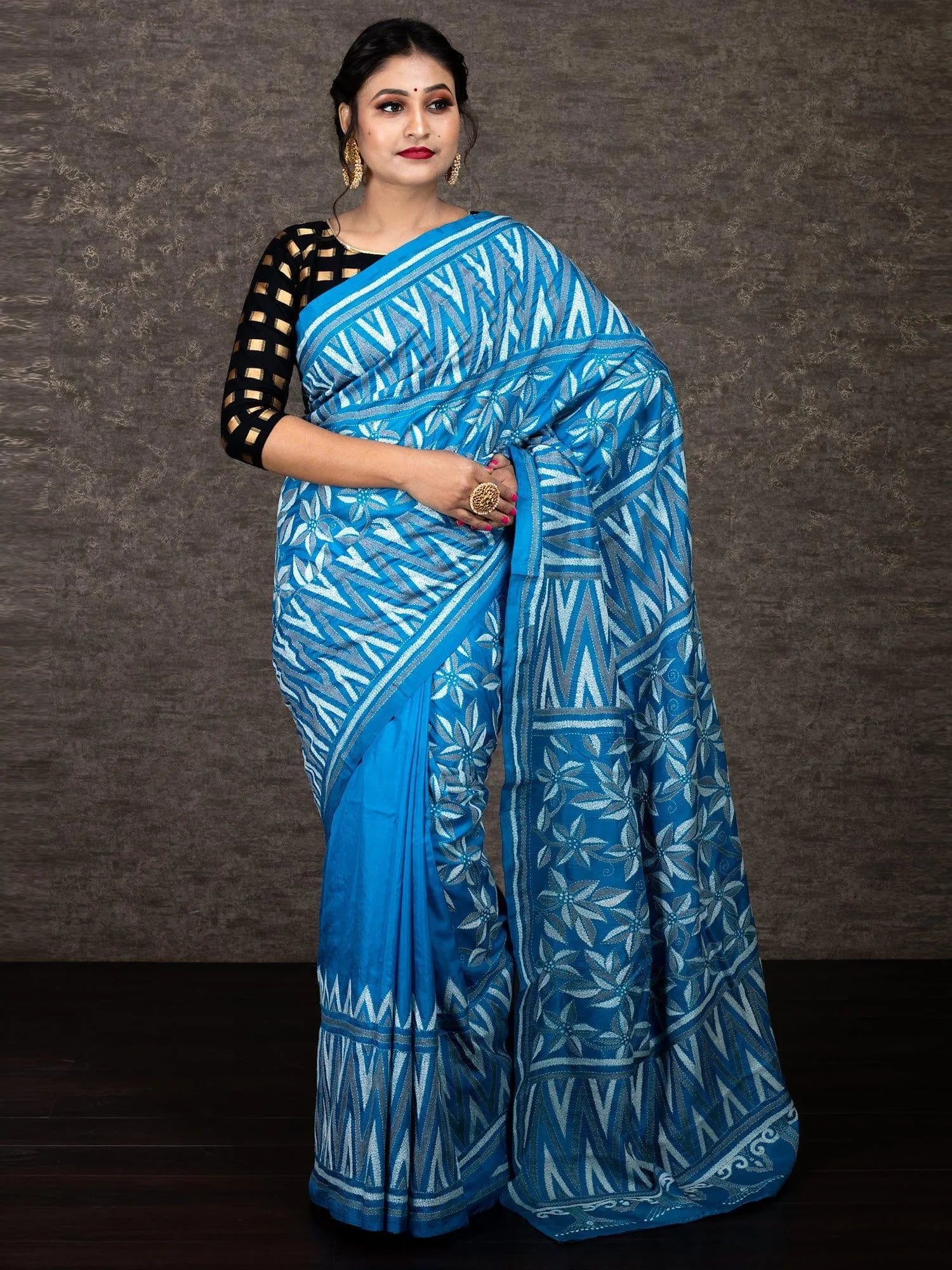 Elegant Sky Blue Half Half Kantha Stitch Bangalore Silk Saree - WeaversIndia