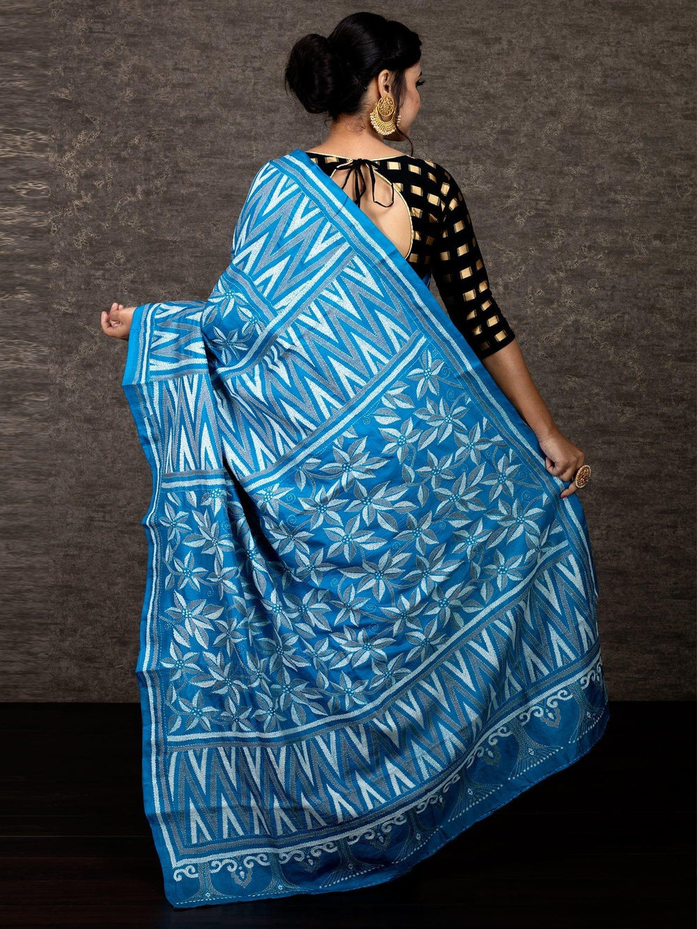 Elegant Sky Blue Half Half Kantha Stitch Bangalore Silk Saree - WeaversIndia