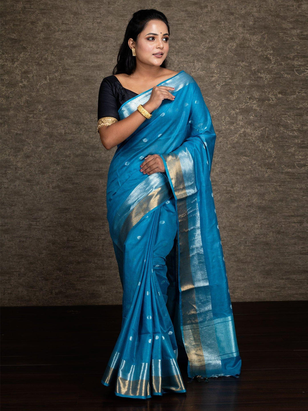 Elegant Sky Blue Par Anchal Buti Bhagalpuri Silk Saree - WeaversIndia