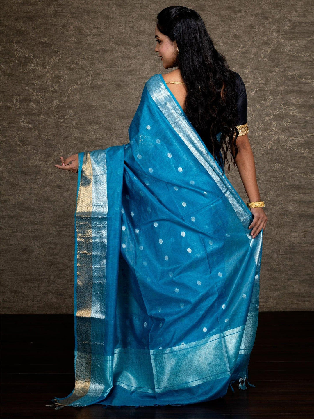 Elegant Sky Blue Par Anchal Buti Bhagalpuri Silk Saree - WeaversIndia