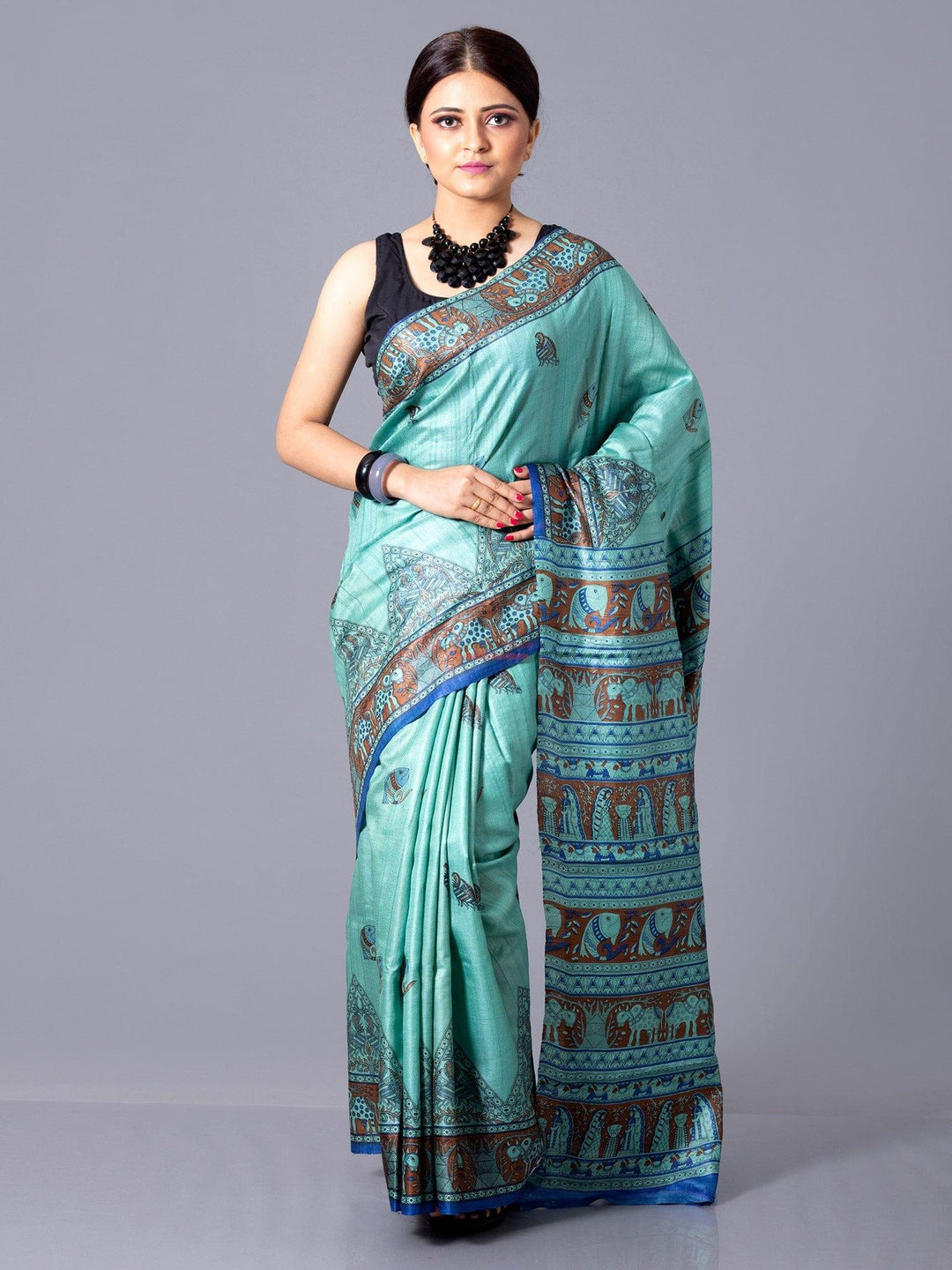Elegant Sky Par Anchal Madhubani Printed Tussar Silk Saree - WeaversIndia
