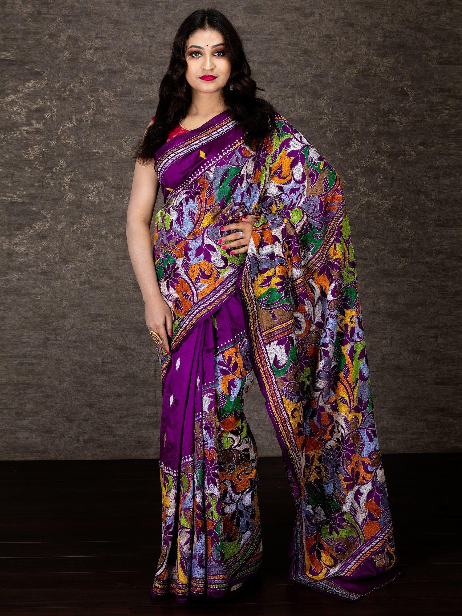 Elegant Violet Reverse Kantha Stitch Bangalore SIlk Saree