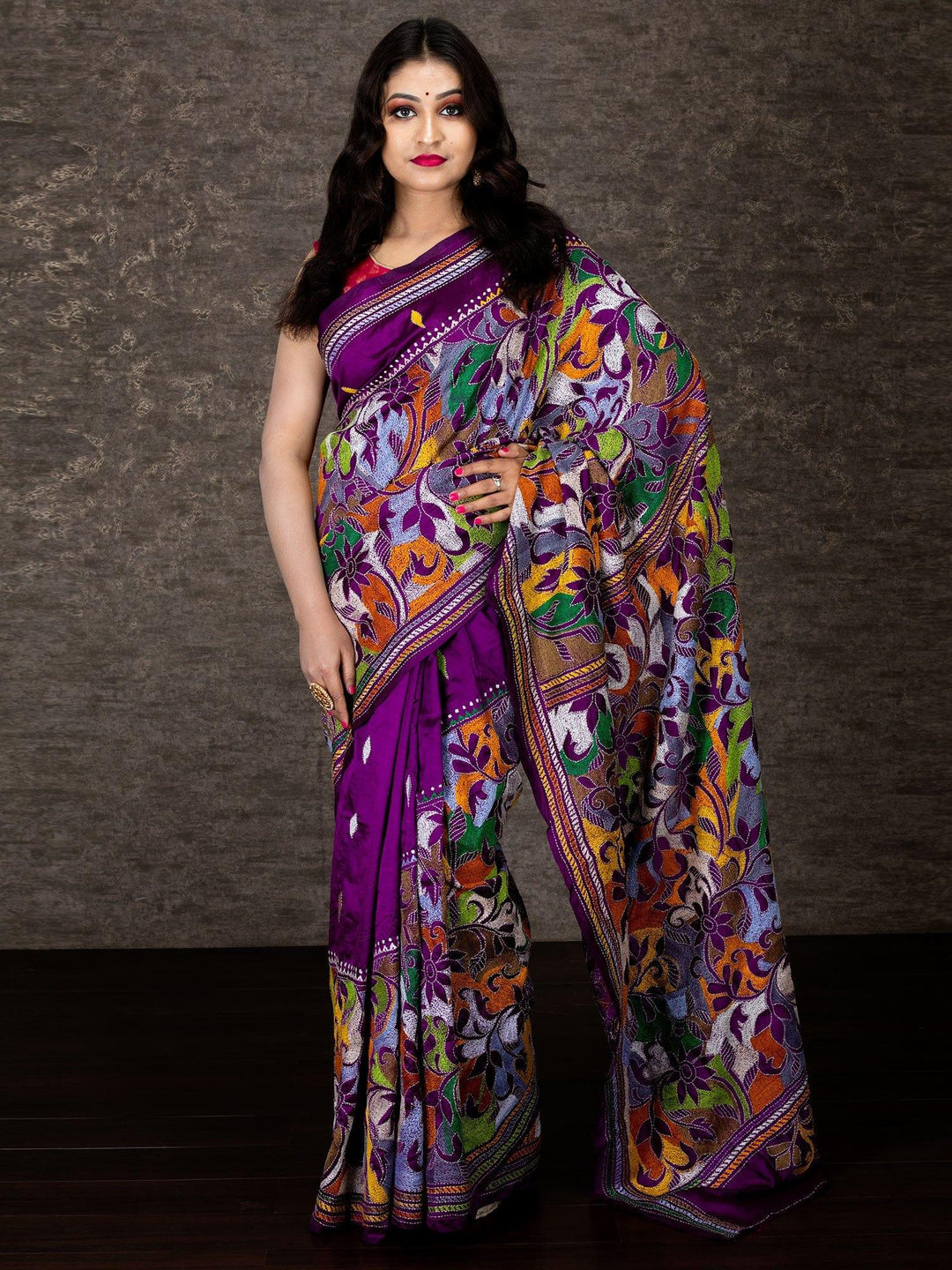 Elegant Violet Reverse Kantha Stitch Bangalore SIlk Saree - WeaversIndia