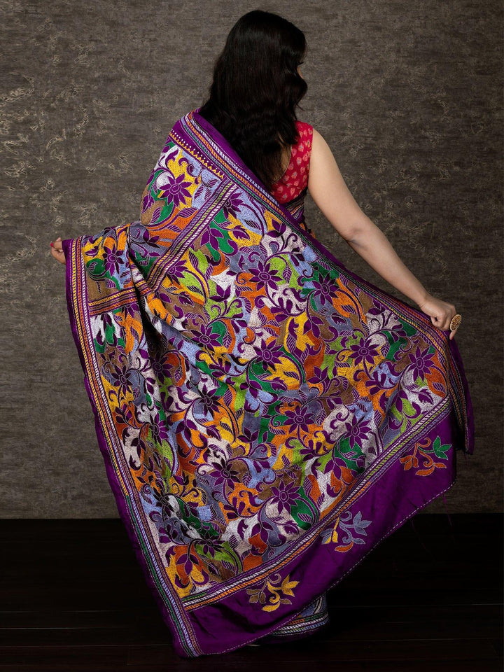Elegant Violet Reverse Kantha Stitch Bangalore SIlk Saree - WeaversIndia