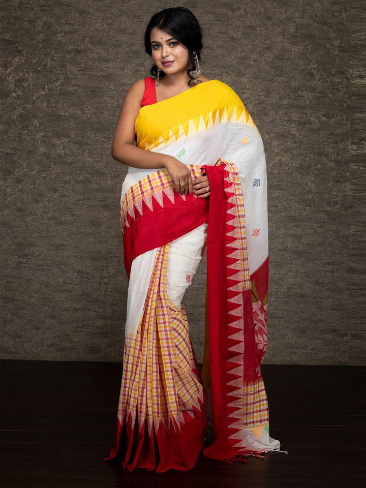 Elegant Whie Half Half Handwoven Cotton Saree - WeaversIndia
